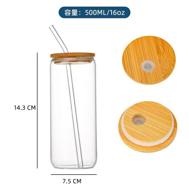 Drinking Glass With Bamboo And Wood Lids And Glass Straws