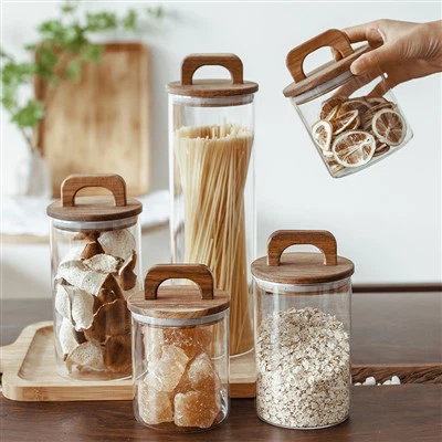 Jar Storio Gwydr Rownd Gyda Chaead Trin Pren Acacia